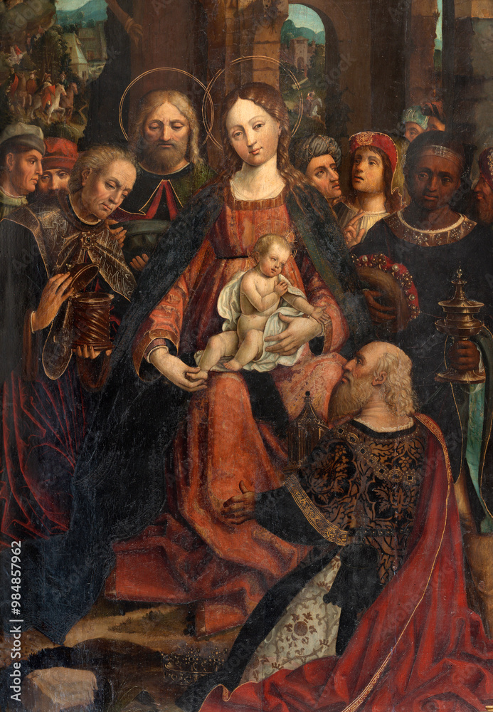 ASTI, ITALY - SEPTEMBER 10, 2024: The detail of painting of Polytriptych of the Three Magi in the church Collegiata di San Secondo by Gandolfino da Roreto (1520). ASTI, ITALY - SEPTEMBER 10, 2024: The detail of painting of Polytriptych of the Three Magi in the church Collegiata di San Secondo by Gandolfino da Roreto (1520).