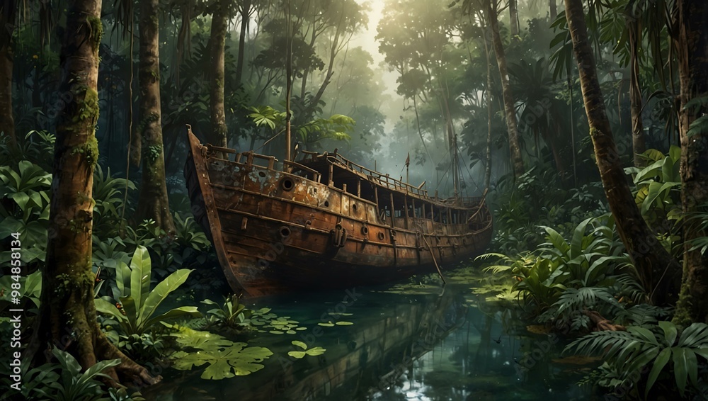 Painting of a weathered wooden ship in a tropical forest. Painting of a weathered wooden ship in a tropical forest.