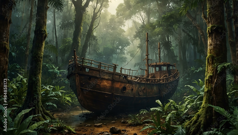 Painting of a weathered wooden ship in a tropical forest. Painting of a weathered wooden ship in a tropical forest.