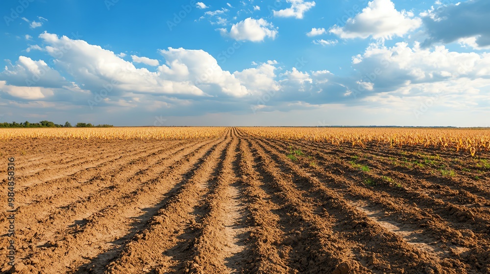 Plowed field under a blue sky with clouds, showcasing rich soil ready for planting, epitomizing agricultural readiness and fertile ground. Plowed field under a blue sky with clouds, showcasing rich soil ready for planting, epitomizing agricultural readiness and fertile ground.