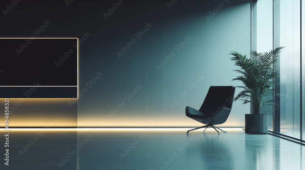 Fototapeta premium A black chair sits in front of a large window