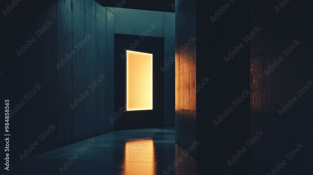A dark hallway with a light shining through a window A dark hallway with a light shining through a window