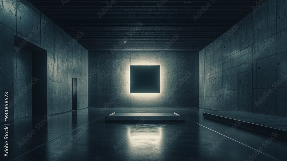 A dark room with a large black framed picture on the wall A dark room with a large black framed picture on the wall