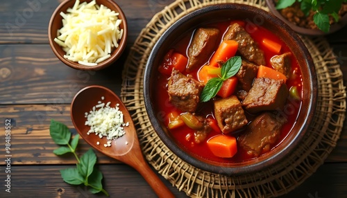 Kaldereta - Filipino Beef Stew in Rich Tomato Sauce with Vegetables and Cheese (Filipino Cuisine) photo