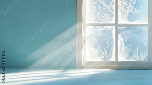 A detailed digital painting of a frosted window with sunlight streaming through the panes  creating a warm and inviting atmosphere. The scene evokes a sense of winter  tranquility  and the beauty of n