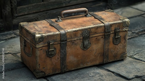 An antique leather suitcase with metal fittings, resting on cobblestone, showcasing vintage charm and rugged character.