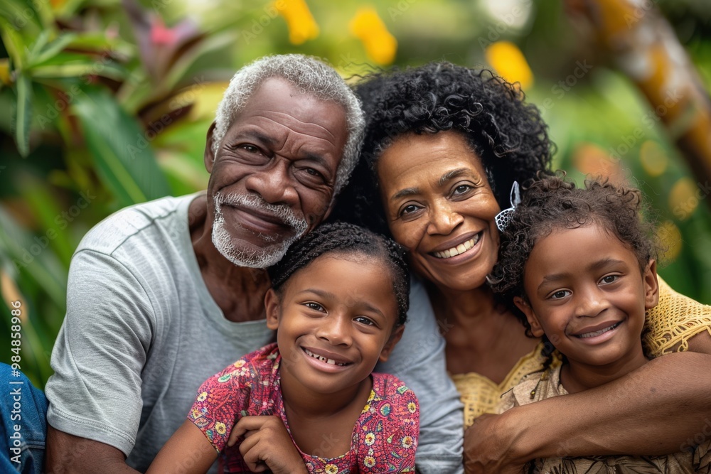 A family of four is walking through a field at sunset, generative ai image A family of four is walking through a field at sunset, generative ai image