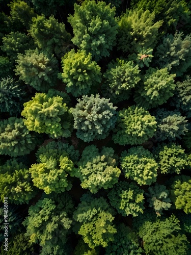 Panoramic green landscape with aerial view of trees.