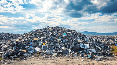 A large pile of discarded electronic waste under a cloudy sky, symbolizing environmental pollution and e-waste management issues.