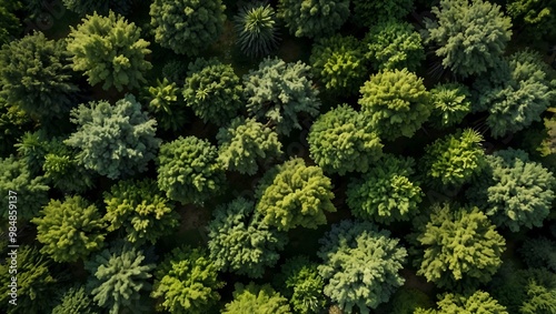 Panoramic green landscape with aerial view of trees.