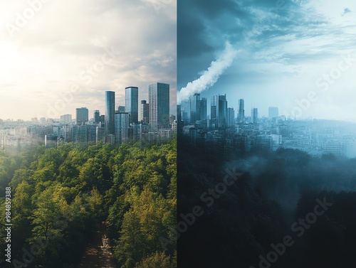 Contrasting cityscapes depicting a green urban environment on one side and a polluted, smoky city on the other, highlighting the impact of pollution.