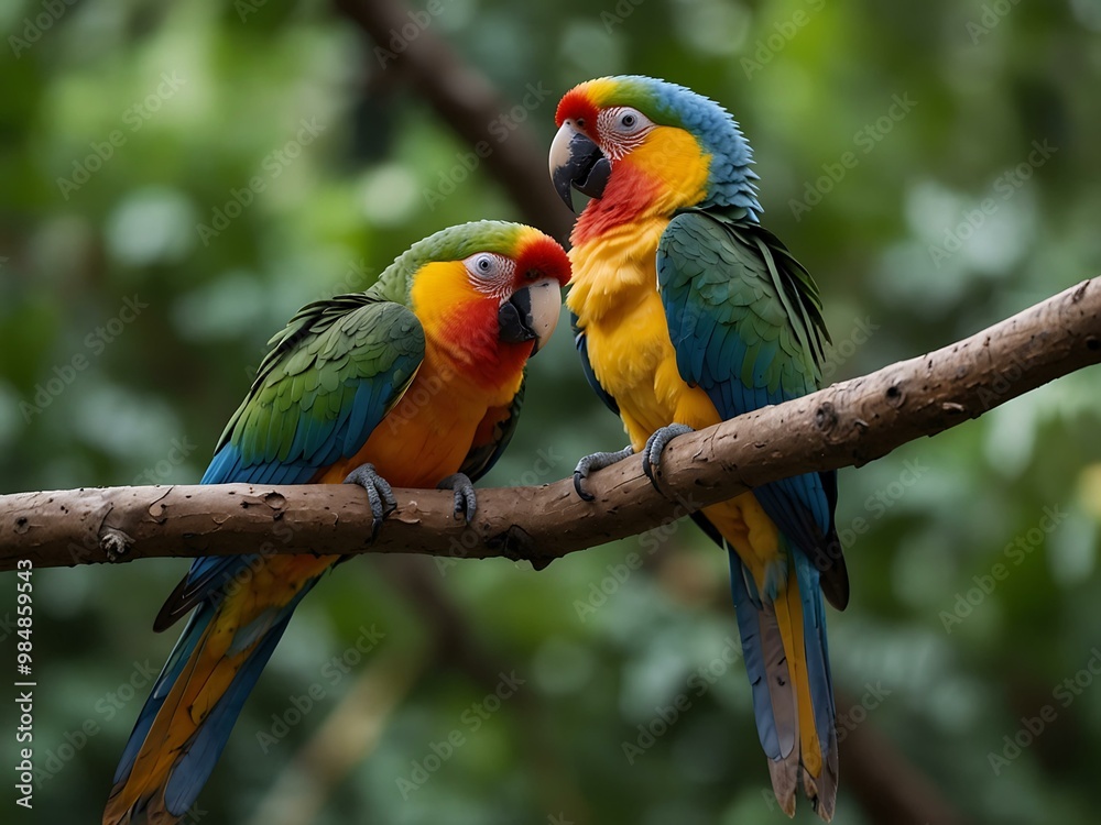 Parrots perched on a branch.