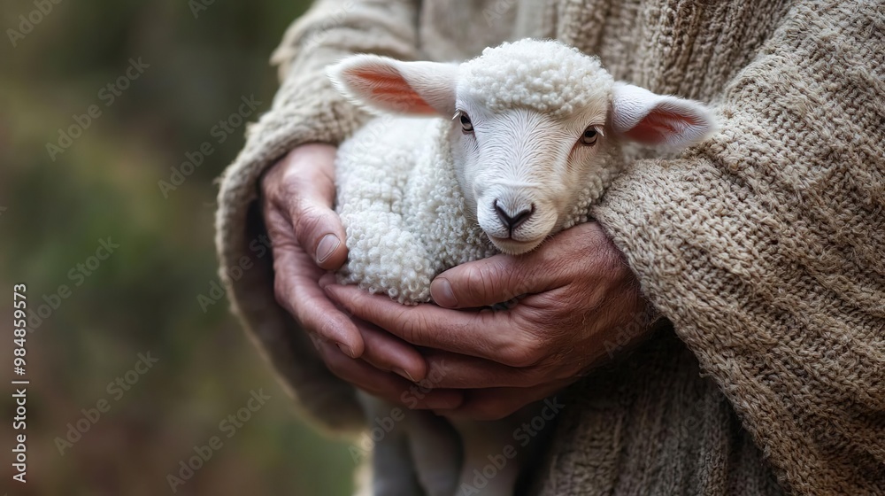 A person holding a gentle lamb, showcasing the bond between humans and animals in a serene rural setting. A person holding a gentle lamb, showcasing the bond between humans and animals in a serene rural setting.