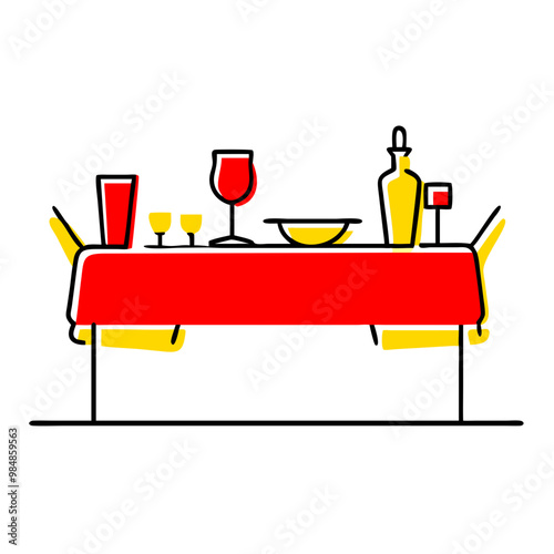 Festive dinner table setting with red tablecloth, vector illustration