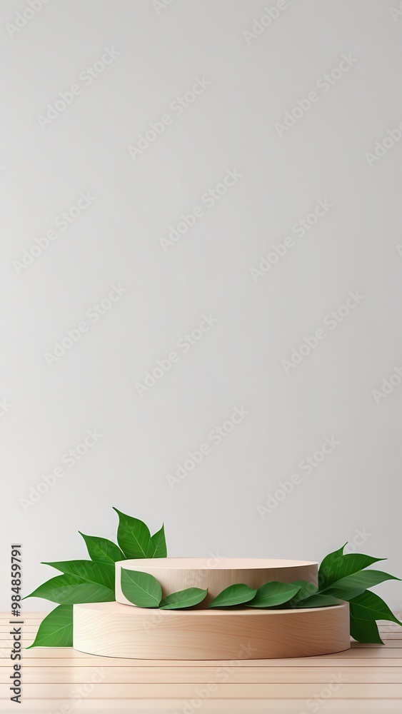 A minimalist display featuring two circular platforms adorned with green leaves against a plain backdrop. A minimalist display featuring two circular platforms adorned with green leaves against a plain backdrop.