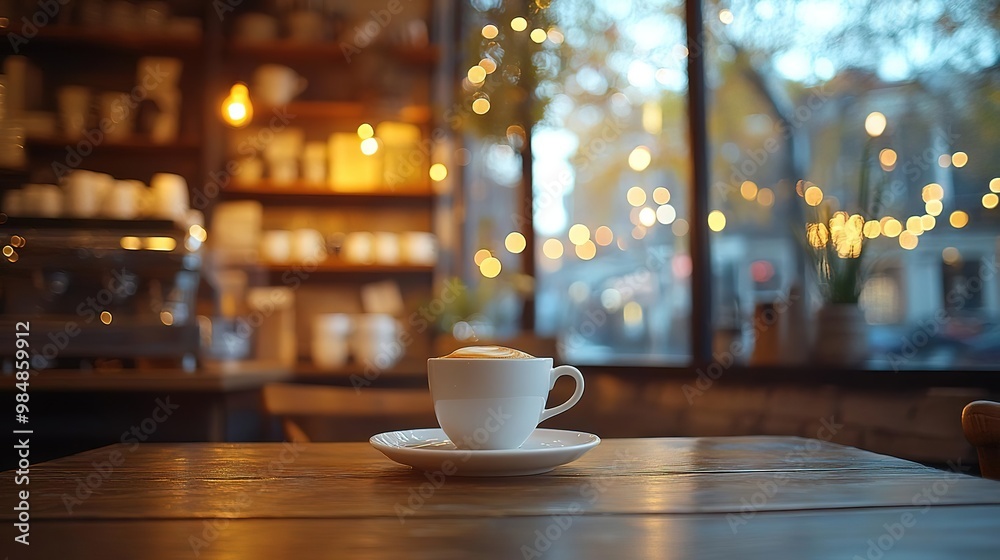 A cozy coffee shop scene featuring a steaming cup of coffee on a wooden table, illuminated by warm decorative lights.