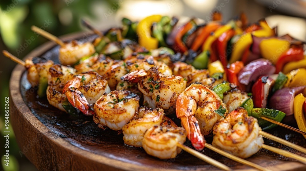 A mouth-watering shot of a platter filled with grilled shrimp, skewered and served with colorful vegetables, showcasing a delicious outdoor barbecue scene. A mouth-watering shot of a platter filled with grilled shrimp, skewered and served with colorful vegetables, showcasing a delicious outdoor barbecue scene.
