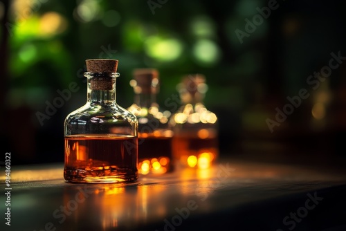 Three glass flasks filled with amber liquid sit on a wooden table, their contents glowing with warmth. The blurry background suggests a natural, forest-like setting, evoking themes of alchemy, nature,