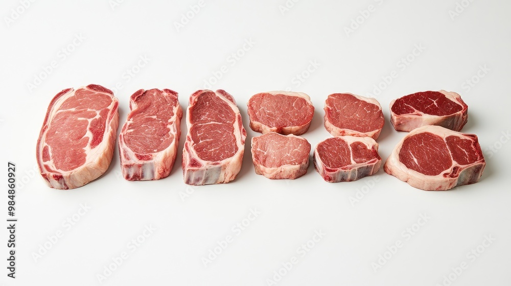 A neatly arranged display of fresh pork steaks, including different cuts like shoulder and ribeye, with a simple white background to emphasize their quality. A neatly arranged display of fresh pork steaks, including different cuts like shoulder and ribeye, with a simple white background to emphasize their quality.