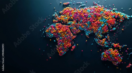 A vibrant world map formed from colorful spheres, symbolizing global connectivity, diversity, international collaboration, and a shared future. photo