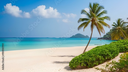 A serene tropical beach with white sand  calm turquoise water  and a solitary palm tree. The peaceful setting creates an idyllic holiday escape.