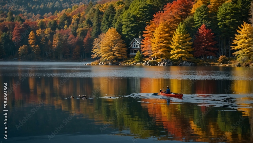 Person kayaking amid colorful autumn foliage and a lake house. Person kayaking amid colorful autumn foliage and a lake house.