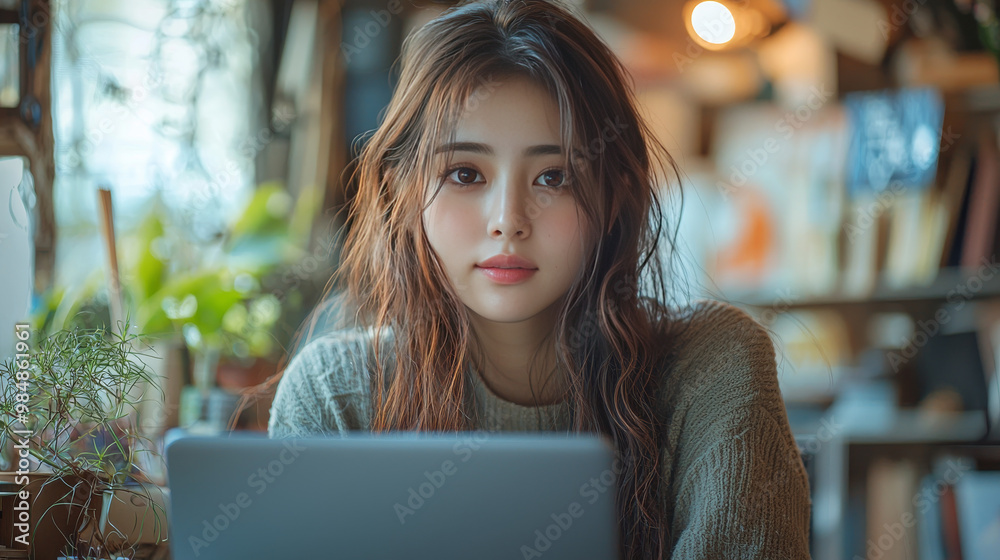 Young woman with long brown hair looks at the camera. Young woman with long brown hair looks at the camera.