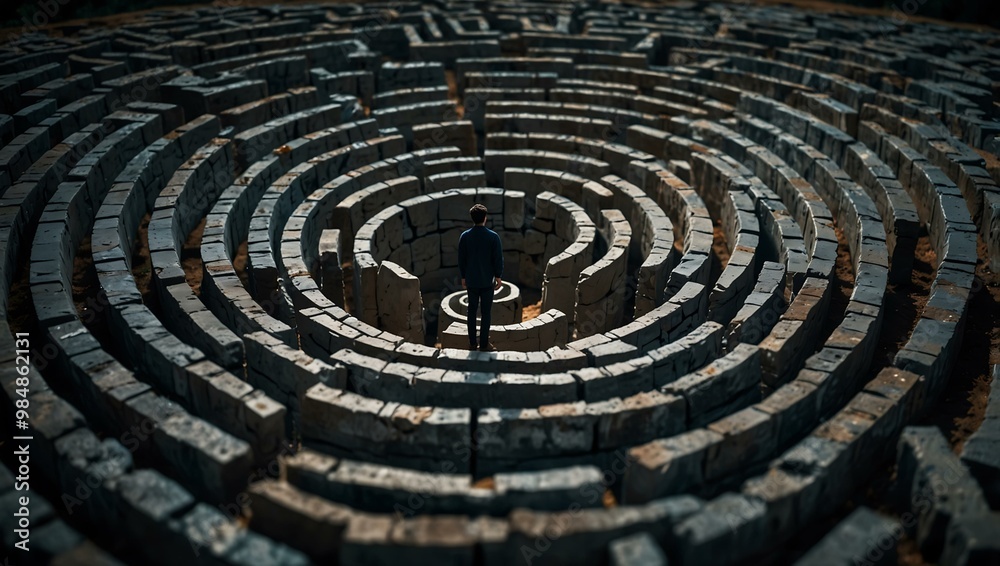Person standing at the entrance to an endless labyrinth, symbolizing being lost amid sharp edges. Person standing at the entrance to an endless labyrinth, symbolizing being lost amid sharp edges.