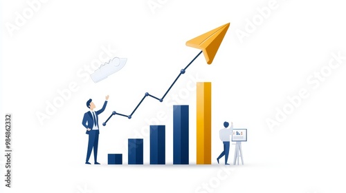 Businessmen celebrating exponential growth with a rising graph and paper airplane, symbolizing success, teamwork, strategy, innovation, and progress.