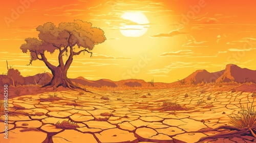 A parched, cracked landscape with dry soil and dying vegetation, set under a hot, sunny sky, representing the effects of global warming on arid regions.