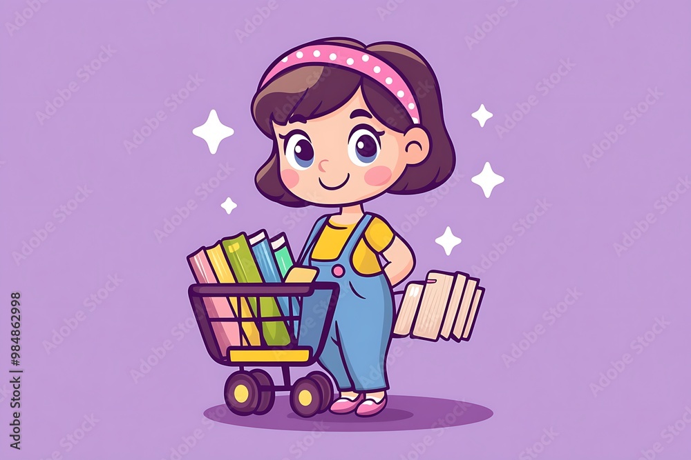 Cute cartoon girl with shopping cart full of books. Adorable character design for book lovers Cute cartoon girl with shopping cart full of books. Adorable character design for book lovers