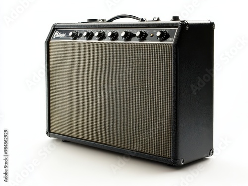 A sleek, modern guitar amplifier showcasing knobs and speaker grille, ideal for musicians and music enthusiasts, white background