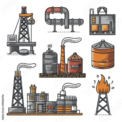 illustrations vector icon for oil and gas industry refinery process and building 
