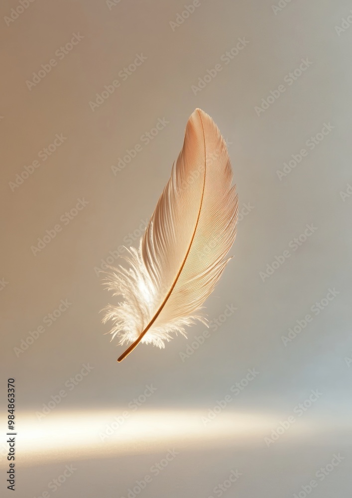 Naklejka premium A feather is suspended in midair, with its tip pointing upwards