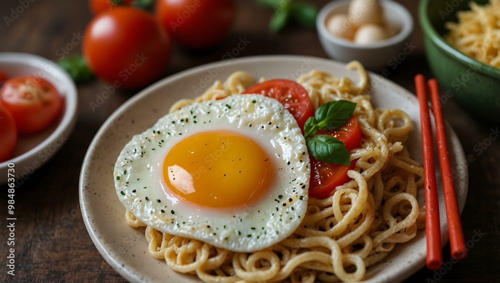 Plate of instant noodles with tomatoes and an egg on top. Plate of instant noodles with tomatoes and an egg on top.
