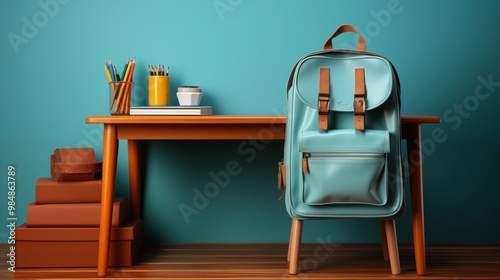 School desk with blue backpack and school accessory.