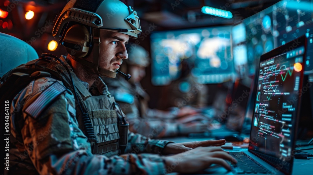 Military in tactical gear using laptop in hightech center for data, intelligence, cyber ops, digital warfare Military in tactical gear using laptop in hightech center for data, intelligence, cyber ops, digital warfare