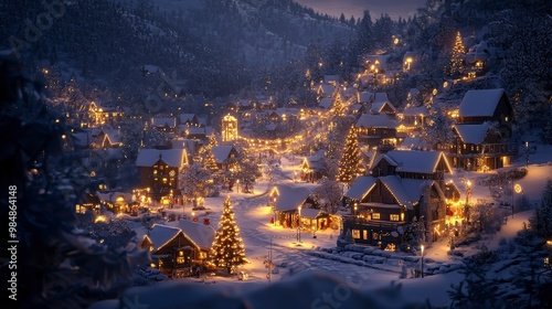 A snow-covered village with twinkling holiday lights, Christmas trees, and festive decorations, creating a winter wonderland vibe.