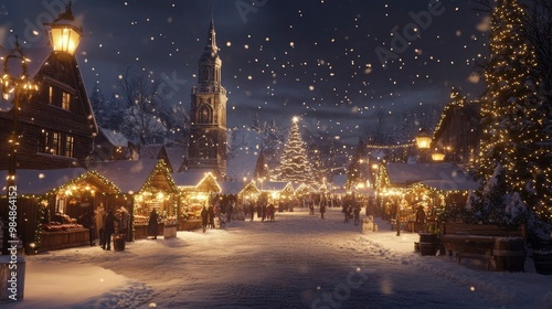 A snow-covered village square transformed into a winter wonderland, with glowing lanterns, holiday market stalls, and festive decorations.