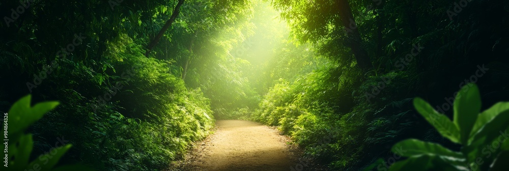 Fototapeta premium Pathway to Light in the Jungle, a winding path through lush green foliage with a sunlit opening at the end, symbolizes hope, nature, exploration, adventure, and new beginnings.