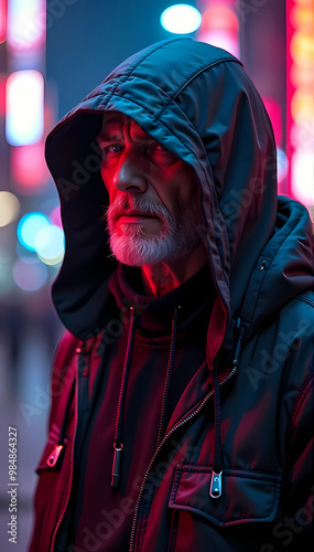 a handsome old man, cyberpunk style, hood, neon lights, high-tech clothing, 