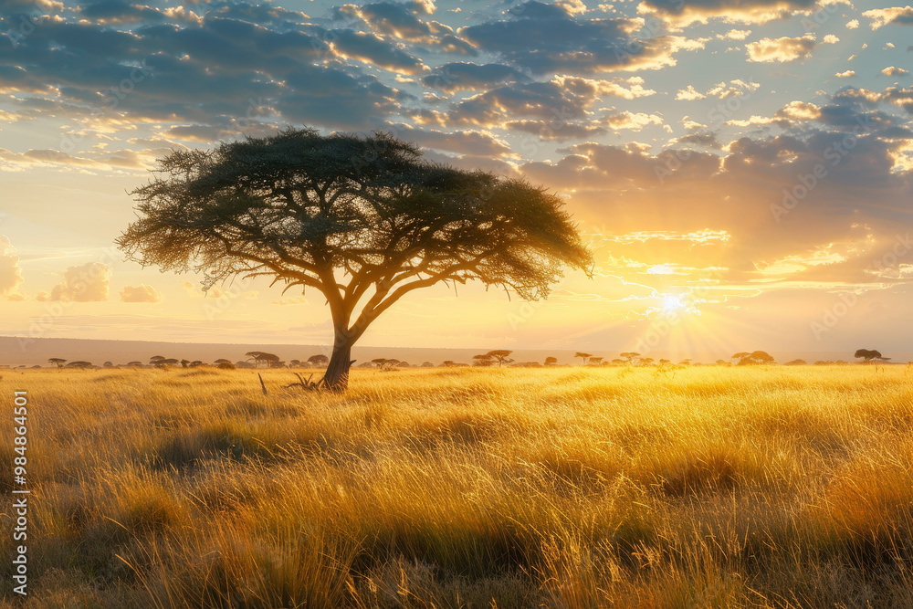 Fototapeta premium A tree stands in a field with a bright sun in the sky