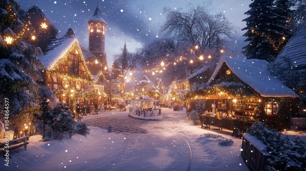 A snow-covered village square transformed into a winter wonderland, with glowing lanterns, holiday market stalls, and festive decorations. A snow-covered village square transformed into a winter wonderland, with glowing lanterns, holiday market stalls, and festive decorations.