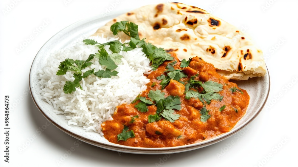 A plate of Guruma curry with a generous portion of rice, garnished with fresh herbs and a side of naan bread, arranged neatly on a white background for clarity. A plate of Guruma curry with a generous portion of rice, garnished with fresh herbs and a side of naan bread, arranged neatly on a white background for clarity.