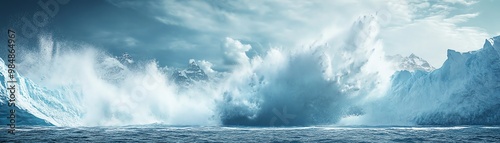 Panoramic view of massive iceberg, splashing waves, cool blue ocean waters, dramatic skies, nature's raw power and beauty in action.