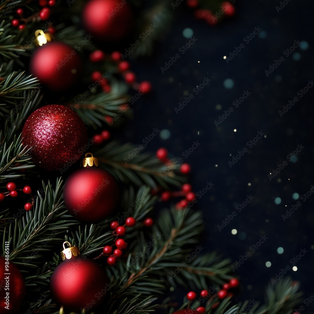 dark christmas fancy background with red globes and pine branches wallpaper for winter card making/ invitations with copy space in the middle --v 6.1 Job ID: 25c522b0-f35e-490c-852c-56419c3483c4