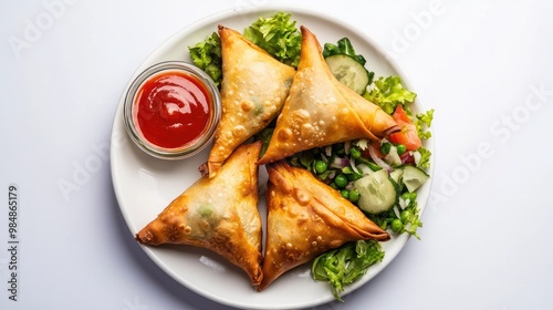 A plate of samosas with one cut open to reveal the spiced potato and pea filling, served with a side of fresh salad and sauces, all set against a white backdrop.