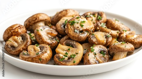 A plate of sauted Champignon mushrooms with a light garlic and herb seasoning, presented on a white background to showcase their golden-brown color and texture. photo