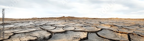 Panoramic view of a cracked, dry desert landscape under a cloudy sky, illustrating drought and environmental challenges.