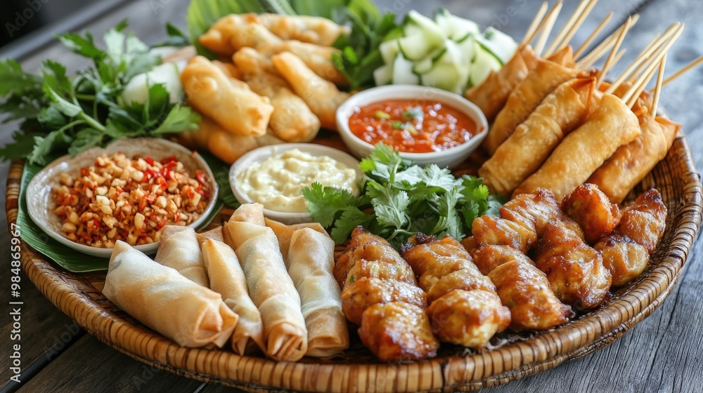 A platter of assorted Thai appetizers including spring rolls, chicken satay, and fresh herbs, arranged attractively on a traditional Thai serving dish. A platter of assorted Thai appetizers including spring rolls, chicken satay, and fresh herbs, arranged attractively on a traditional Thai serving dish.